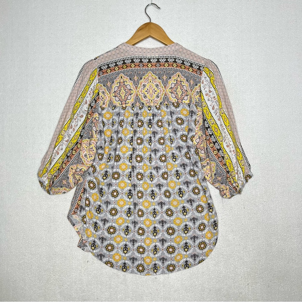 Anthropologie Fig Flower Gray Yellow Geometric Rayon Womens Blouse Size M - Picture 5 of 6